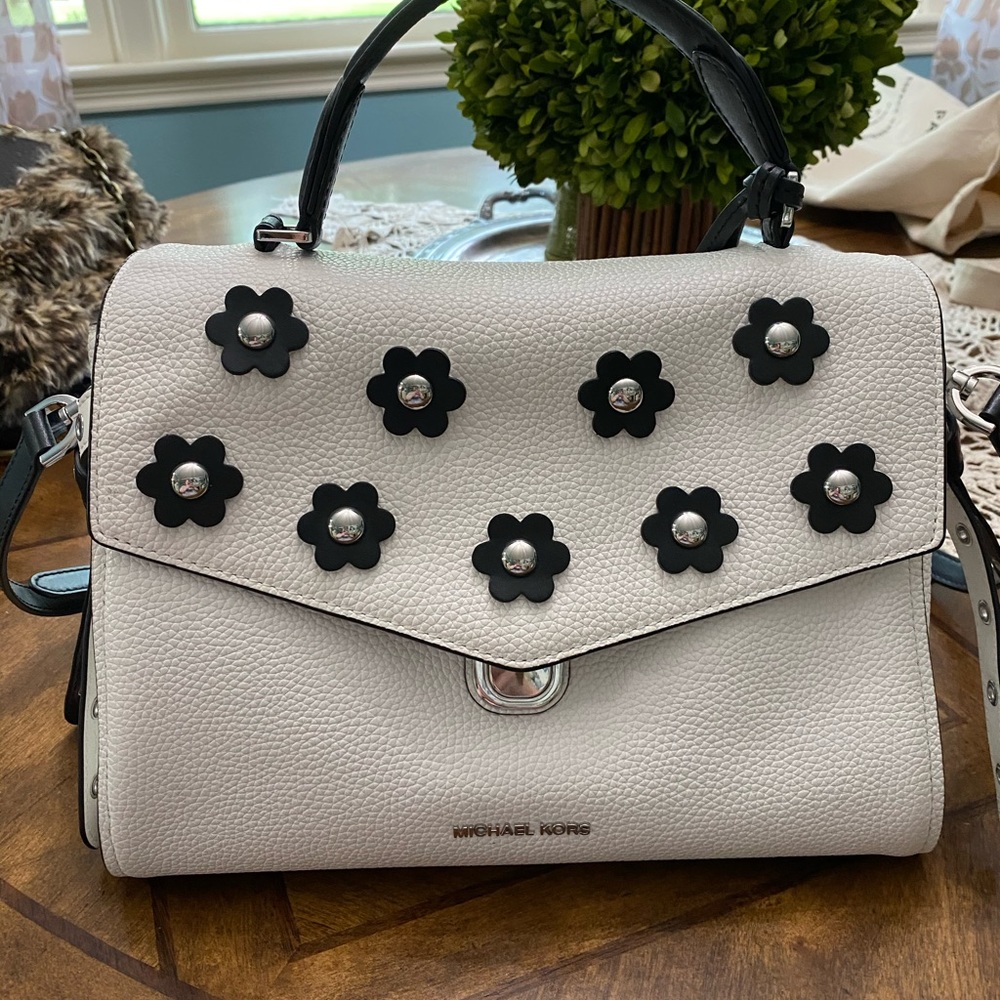 Michael Kors white satchel bag with black detail